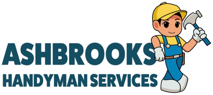 Ashbrooks Handyman Services logo with cartoon worker holding hammer wearing yellow hard hat and blue overalls