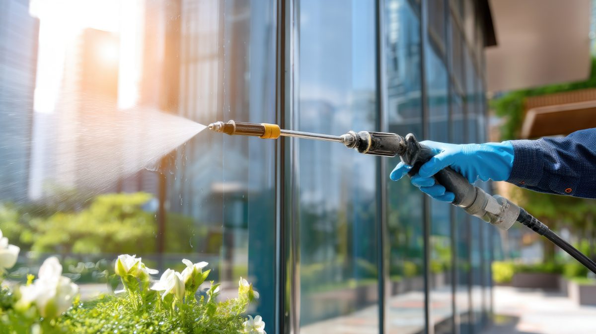 Worker in blue gloves using pressure washer to clean glass building facade