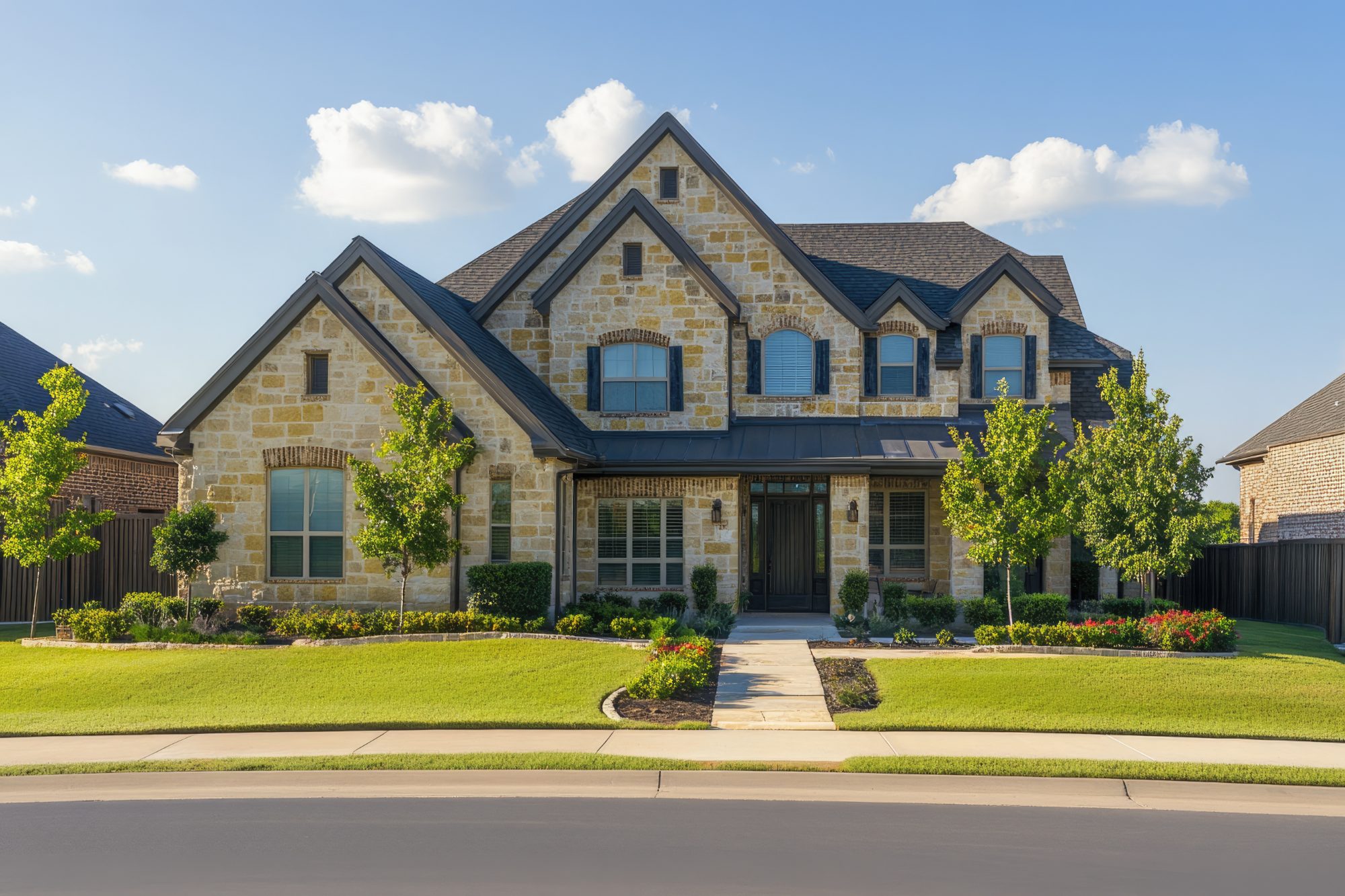 Modern stone and brick two-story house with dark roof and manicured front lawn
