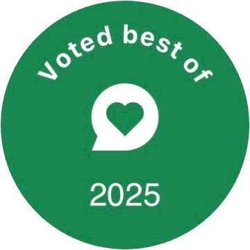 Green circular badge with white heart icon and text reading "Voted best of 2025