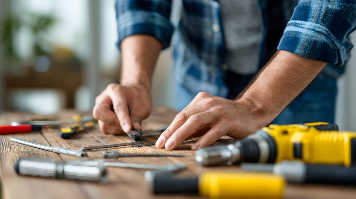 Man measuring wood with tape measure and pencil on workbench