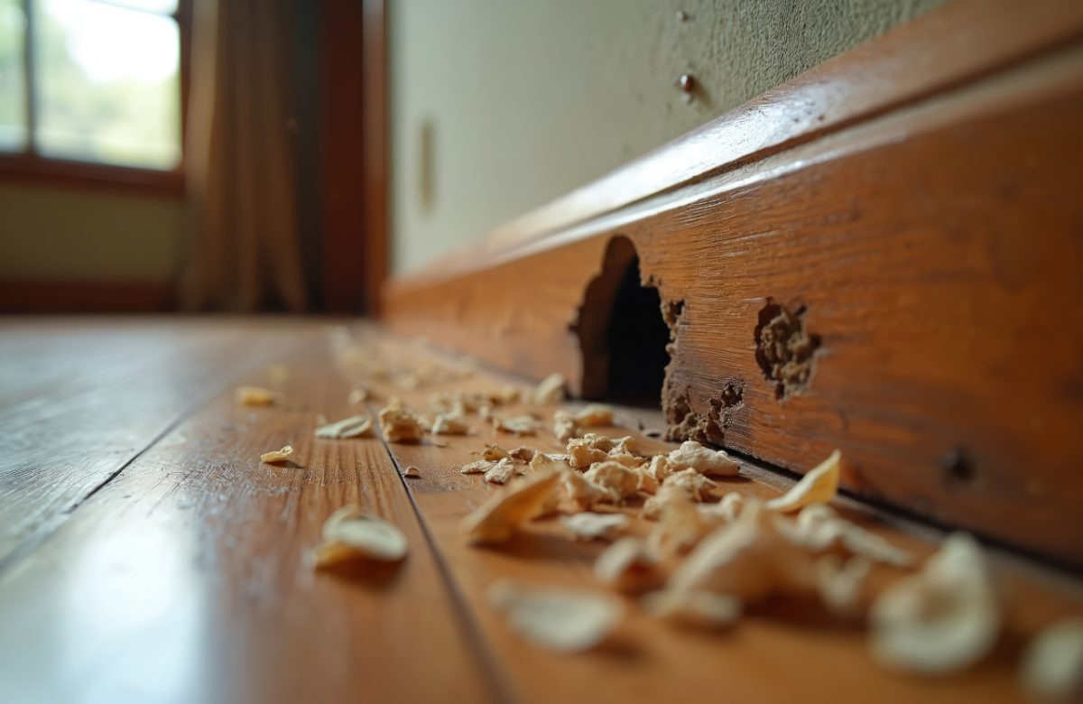 Wood baseboard with hole and damage from termite infestation on floor