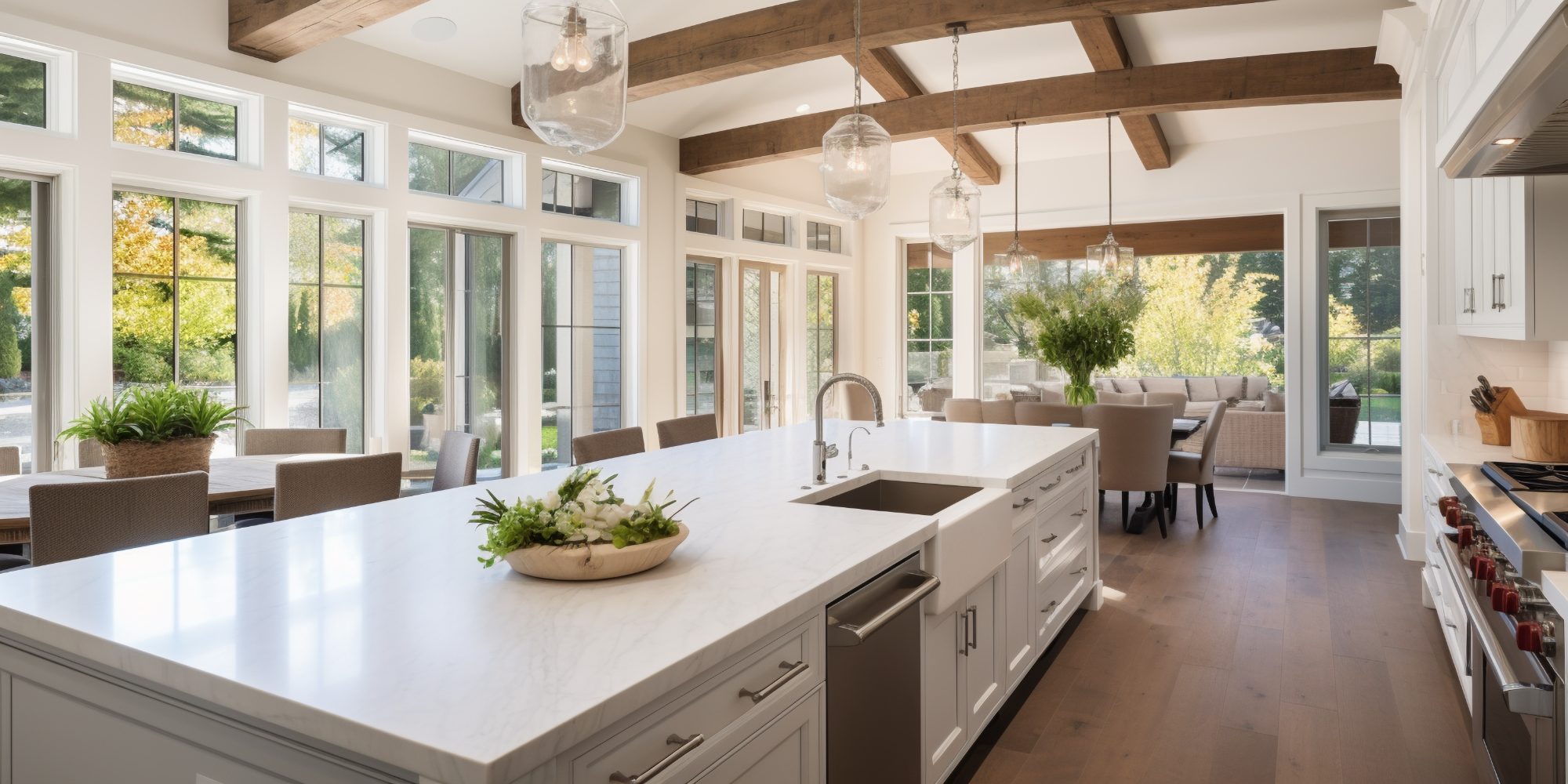 Modern open-concept kitchen with white cabinetry, exposed wood beams, and extensive windows overlooking green landscape