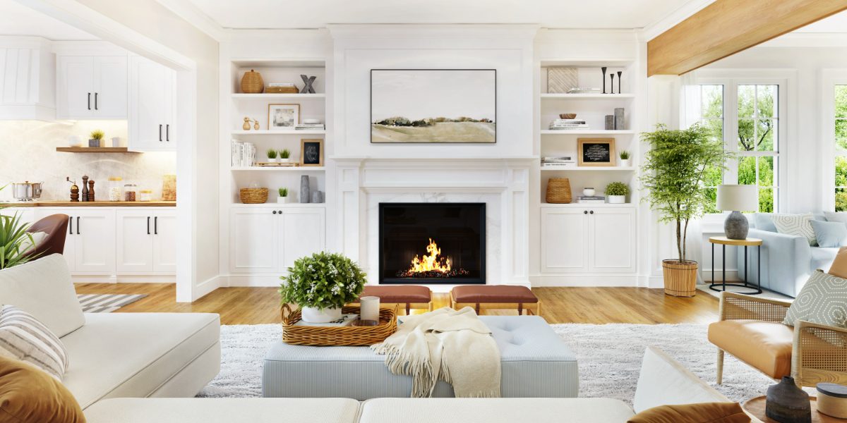 Modern open-concept living room with white cabinetry, fireplace, and wood flooring